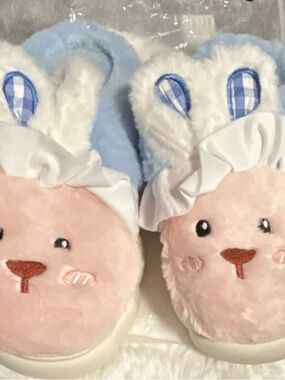 Plush Bunny Face Slippers in Pink & Light Blue